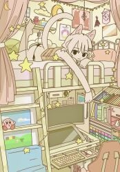 1girls black_panties cat_ears cat_girl constellation donut doremifaso64 doughnut female furry kemono kirby kirby_(series) lying lying_on_bed nintendo on_bed orion_(constellation) panties