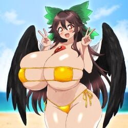 1girls :d beach big_breasts bikini breasts brown_hair colored flavoredgumball golden_bikini huge_breasts light-skinned_female long_hair open_mouth peace_sign red_eyes seireiart sky solo solo_female thick_thighs thighs touhou utsuho_reiuji water wings