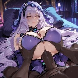 1boy 1girls ai_generated areolae bangs bare_shoulders bed between_breasts black_gloves black_swan_(honkai:_star_rail) blush breast_grab breast_press breasts breasts_squeezed_together cleavage clothed_female clothed_female_nude_male clothing curvaceous curvaceous_female curvaceous_figure curvy curvy_female curvy_figure dark-skinned_male dark_skin detached_sleeves dress elbow_gloves erection female female female_focus gloves grabbing grabbing_another's_breast groping headwear honkai:_star_rail hoyoverse huge_breasts huge_cock indoors interracial jewelry large_breasts large_penis legwear light-skinned_female light_skin lips long_hair looking_at_viewer lying male male_pov miyuai navel nipples nude nude_male on_back on_bed paizuri paizuri_under_clothes parted_lips penis pillow purple_dress purple_eyes purple_gloves purple_hair sex shiny_skin smile solo_focus spread_legs straddling_paizuri straight sweat testicles thighs underboob veil veins veiny_penis very_long_hair voluptuous voluptuous_female