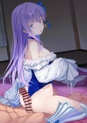 1boy ass back bare_shoulders blue_eyes blue_ribbon blush breasts censored choker clothed_female_nude_male coffeekite cowgirl_position erection fate/grand_order fate_(series) female frills hair_ribbon highleg highleg_one-piece_swimsuit highres long_hair long_sleeves looking_back meltryllis_(fate) meltryllis_(swimsuit_lancer)_(fate) meltryllis_(swimsuit_lancer)_(second_ascension)_(fate) nipples nude off-shoulder_one-piece_swimsuit off_shoulder one-piece_swimsuit open_mouth penis prosthesis prosthetic_leg puffy_sleeves purple_hair ribbon sleeves_past_fingers sleeves_past_wrists small_breasts straddling straight swimsuit thighs very_long_hair white_ribbon