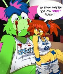 1boy 1girls 2025 basketball basketball_uniform black_eyes blue_eyes blue_hair dialogue dragon english_text fangs female green_body green_fur male multicolored_hair navel nba nosebleed orlando_magic pinstripe_pattern ponytail pubic_hair purple_hair quintzy_xd red_hair speech_bubble stuff_the_magic_dragon suggestive suggestive_gesture suggestive_look suggestive_pose sunny_embers text yellow_body