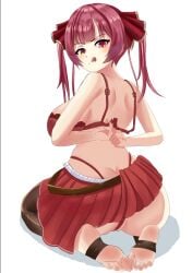 ass barefoot bra breasts butt_crack curvy feet hololive houshou_marine huge_ass huge_breasts immortalboobs lace lace-trimmed_bra lace_trim large_breasts original paid_reward_available plump red_eyes red_hair red_ribbon red_skirt ribbon seiza sideboob sitting skirt soles stirrup_legwear toeless_legwear toes underwear wide_hips