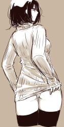 black_eyes black_hair black_thighhighs clothes_lift female female_focus from_behind highres matsuda_hikari nikotamu original panties panty_peek ribbed_sweater sketch solo sweater sweater_lift thigh_gap thighhighs turtleneck underwear