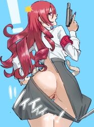 angry_expression anus ass atlus bangs belt censored curled_hair gun long_hair long_sleeves mitsuru_kirijo open_mouth painted_nails persona persona_3 poechan pussy red_eyes red_hair sweat sword torn_clothes torn_shirt torn_skirt
