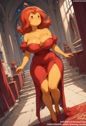 adventure_time ai_generated bangs bare_shoulders blush breasts clavicle cleavage closed_mouth clothing crown curtains curvaceous dress female female female_only fire flame_princess footwear gloves hair_ornament headwear high_heels huge_breasts indoors jewelry jousneystudio large_breasts legs lips long_dress looking_away medium_hair orange_hair original red_carpet red_dress red_footwear red_hair shoes short_sleeves smile solo stairs standing strapless strapless_dress thick_thighs thighs tiara walking wide_hips window
