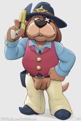 alternate_version_at_source anthro balls boots brawl_stars canid canine canis chaps clothing colonel_ruffs_(brawl_stars) cowboy cowboy_boots cowboy_hat domestic_dog dudebulge eye_patch eyewear facial_hair flaccid floppy_ears footwear foreskin genitals gun handgun hat headgear headwear hi_res male mammal mature_male moustache penis pistol ranged_weapon shoes solo supercell_(company) weapon