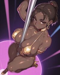 1girls ai_generated arm_up brown_eyes brown_hair dark-skinned_female dark_background dutch_angle female from_above gold_jewelry gold_necklace golden_bikini hand_on_pole high_heels hoop_earrings lips looking_at_viewer nipple_bulge pole_between_breasts pole_dancing ponytail resident_evil resident_evil_5 sheva_alomar smile solo strip_club stripper_pole