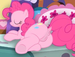 2025 absurd_res anus ass bed bedroom closed_eyes cutie_mark digital_drawing_(artwork) digital_media_(artwork) earth_pony equid equine eyelashes female feral friendship_is_magic fur furniture genitals hasbro hi_res horse lying mammal mane maseru my_little_pony on_bed on_model on_side pillow pink_body pink_fur pink_mane pinkie_pie_(mlp) pony presenting presenting_anus presenting_hindquarters presenting_pussy puffy_anus pussy smile solo