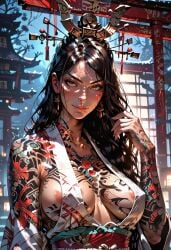 ai_generated amaterasu_(smite) areola_slip areolae black_hair earrings gold_eyes headgear japanese japanese_clothes japanese_mythology kimono large_breasts manofmidas sideboob smite tattoos yellow_eyes