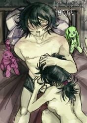 1boy 1girls 2d andrew_graves ashley_graves bed black_hair blowjob brother_and_sister dialogue drooling eat_urself english_text fellatio female green_eyes incest male nude oral ponytail pushing_down pushing_head siblings straight the_coffin_of_andy_and_leyley