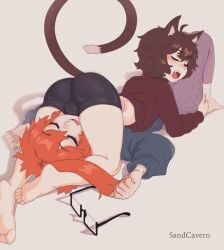 2boys 2femboys 69_position ass ball_bulge cat_boy catboy drool drooling femboy fully_clothed glasses_removed green_nails head_between_thighs male orange_hair sandcavern tagme technically_69