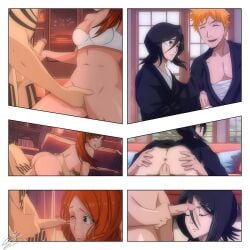 2boys 2girls bleach cowgirl_position cum_on_face cumshot facial female ichigo_kurosaki inoue_orihime kuchiki_rukia male partner_swap renji_abarai sex sr._engrudo swingers tagme