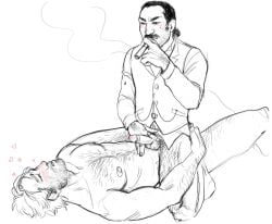 2boys anal_sex anal_sex arthur_morgan balls ballsack beard black_and_white blush blush body_hair chest_hair cigar closed_eyes cock dirtyjaegervega dutch_van_der_linde facial_hair gay gay_sex heart_symbol holding_hips leg_hair legs_apart male/male male_only male_penetrating_male man_boobs mole_(marking) moobs moustache nude_male older_man_and_younger_boy pecs penis power_bottom pseudo_incest_(lore) pubic_hair red_dead_redemption_(series) red_dead_redemption_2 riding riding_penis rings sketchy smile smoking smoking_cigar thick_thighs topwear_only touching_penis yaoi