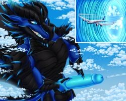 aircraft anthro balls black_balls black_body black_scales blue_body blue_eyes blue_penis cock_vore dragon furrypur genitals giant horn horns humanoid_genitalia humanoid_penis macro male micro nude penis plane reptile scales scalie sky testicles urethra urethral urethral_insertion vehicle zykar_(thunderthedragon)
