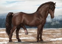 2025 absurd_res animal_genitalia animal_penis balls brown_body brown_eyes brown_fur brown_mane cloud cloudy_sky day equid equine equine_genitalia equine_penis erection feral fur genitals grass hi_res hooves horse male mammal mane medial_ring mottled mottled_genitalia mottled_penis outside penis plant quadruped rufciu shaded signature sky snout solo tail tree unguligrade