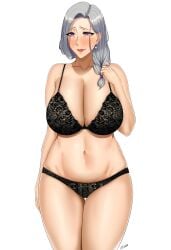 1girls big_breasts black_bra black_panties blush bottomwear bra breasts cleavage ear_piercing earrings female female_only hair high_resolution highres hips huge_breasts lace lace-trimmed_bra lace-trimmed_panties lace_trim lingerie lips mature mature_female mature_woman milf mole_on_breast n0n_001 nak_(n0n_001) original original_character panties purple_eyes solo solo_female thighs topwear white_hair