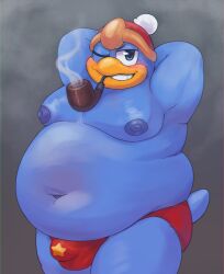 anthro areola avian beak belly biped bird blue_body blue_feathers bulge clothing detailed_bulge feathers grin hat headgear headwear hi_res king_dedede kirby_(series) male male_anthro moobs navel nintendo nipples obese obese_anthro obese_male one_eye_closed overweight overweight_anthro overweight_male penguin pipe smile smoking solo st637 thong underwear wink