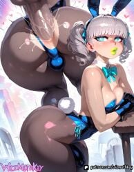 ai_generated anal anal_sex animal_ears aqua_eyes ass ball_bulge bangs bare_shoulders blue_eyes blue_leotard blunt_bangs blush bulge bulge_through_clothing bunny_ears bunny_girl bunny_tail bunnysuit cleavage covered_nipples detached_collar earrings eyelashes fake_animal_ears fake_tail femboy freckles gloves green_lipstick heart leotard lipstick long_hair multiple_views nipple_bulge nipples_visible_through_clothing pantyhose penis penis_bulge puffy_lips sex silver_hair strapless_leotard tail trap wizmothkey wrist_cuffs