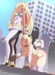 blonde_hair bondage dog_ears dog_tail femdom femsub green_eyes high_heels humiliation leash leash_and_collar lillie_(pokemon) lusamine_(pokemon) megayecgaa mother_and_daughter paws pokemon pokemon_sm public public_nudity slave slave_collar walking