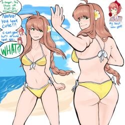 bikini bikini_bottom bikini_top brown_hair doki_doki_literature_club monika_(doki_doki_literature_club) sayori_(doki_doki_literature_club) tagme_(artist) yellow_bikini