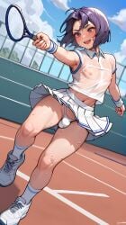 ai_generated athletic athletic_femboy femboy femboy_focus femboy_only g-string raven_(dc) see-through_clothing skirt skirt_lift sports_bra sweat sweaty_body teen_titans tennis_uniform white_clothing white_panties