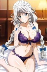 1girls ai_generated bedroom breasts grayfia_lucifuge high_school_dxd lingerie sitting smile underwear