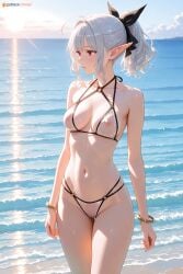 1girls absurd_res absurd_resolution absurdres ai_generated apocalypse_bringer_mynoghra atou bangs beach bikini elf elf_ears elf_female elf_girl facing_away female female female_focus female_only hair_intakes hair_ribbon hairbow hi_res high_quality high_resolution highres jewelry looking_away medium_breasts nipples_visible_through_clothing nnnyr ocean ocean_background perfect_body perfect_boobs perfect_legs pointy_ears ponytail red_eyes short_ponytail short_stature silver_hair solo solo_female solo_focus stable_diffusion sun transparent_bikini transparent_clothing wavy_hair white_hair