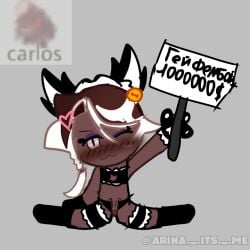 1boy 1femboy affogato_cookie blush brown_hair brown_skin cookie cookie_run cookie_run_kingdom femboy femboy_only half_naked half_naked_male male male_only neko neko_ears penis penis_out russian_text self_upload short_hair sitting small_penis solo stockings tagme text watermark white_eyes