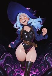ai_generated blue_hair blush gwen leopard peril_reviwer perilreviewer revealing_clothes skintight_clothing tentacle thighhighs wizard wizard_hat yellow_eyes