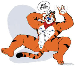 1boy 2014 anthro anus artdecade balls biceps erection feline humanoid_penis kellogg's looking_at_viewer male male_only mammal mascot muscles nude open_mouth penis seated solo text tiger tony_the_tiger uncut