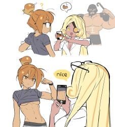 2girls cookie_run cookie_run_ovenbreak croissant_cookie flexing glasses gughib2 lifted_shirt multicolored_hair muscle_cookie ponytail speech_bubble tagme taking_photo timekeeper_cookie very_long_hair yellow_hair yuri