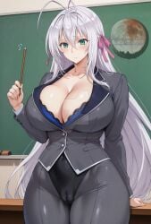 ai_generated blue_eyes cameltoe cleavage deviantart high_school_dxd huge_breasts large_ass milf office_lady rossweisse teacher watermark white_hair