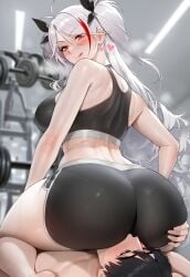 1boy 1boy1girl 1girls absurd_res ai_generated ass_worship azur_lane blush clothed_female_nude_male commander_(azur_lane) cowgirl_position dolphin_shorts facesitting female from_behind gym hand_on_butt heavy_breathing huge_ass licking_lips liu_(artist) looking_at_partner looking_back male on_back on_floor prinz_eugen_(azur_lane) sitting_on_face sports_bra sportswear straight sweat thick_thighs tight_clothing voluptuous voluptuous_female