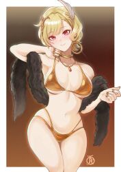 1girls alternate_costume bikini blonde_hair border breasts brown_background citrinne_(fire_emblem) collarbone cowboy_shot earrings female female female_only fire_emblem fire_emblem_engage gold_bikini gold_swimsuit golden_week golden_week_bikini highres jewelry medium_breasts navel nintendo noblewoman pendant purple_eyes red_eyes revolverwingstudios royalty short_hair sideboob simple_background skindentation solo stomach swimsuit teenage_girl teenager thighs underboob white_border wide_hips