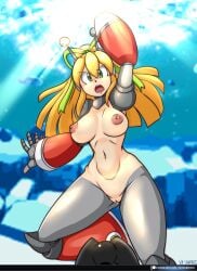 antennae arm_cannon arm_up armor armored_boots armored_gloves bikini_armor blonde_hair blue_eyes boots breasts commentary covered_nipples english_commentary female fighting_stance green_eyes green_ribbons hair_between_eyes hair_ribbon hairband headphones highres hyper_roll_(marvel_vs._capcom) joints knee_boots knee_pads large_breasts long_hair looking_at_viewer marvel_vs._capcom mechanical_arms mechanical_boots mechanical_legs mega_man_(classic) mega_man_(series) nipples nude open_mouth patreon_logo patreon_username pink_nipples ponytail powering_up pussy radio_antenna red_armor ribbon robot robot_girl robot_joints roll_(mega_man) shoulder_armor sidelocks solo teeth upper_teeth_only vcampan weapon web_address