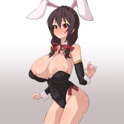 1girls areola_slip areolae bare_legs blush braid breasts bunny_ears bunnysuit embarrassed fake_animal_ears female female_only hair_ornament hairbow huge_breasts kono_subarashii_sekai_ni_shukufuku_wo! leotard looking_at_viewer nanashi_maru solo thighs yunyun_(konosuba)