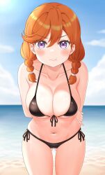 arm_under_breasts ass_visible_through_thighs bare_arms bare_belly bare_legs bare_shoulders bare_thighs beach belly_button big_breasts bikini black_bikini blush breasts cleavage closed_mouth collarbone front-tie_bikini_top love_live! love_live!_superstar!! micro_bikini ocean orange_hair outdoors pout purple_eyes shibuya_kanon side-tie_bikini_bottom suzumi_yami thighs twin_braids water
