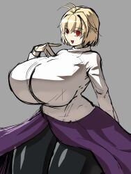 :d ahoge arcueid_brunestud big_breasts blonde_hair breasts breasts breasts_bigger_than_head da_ra_ra_ra enormous_breasts huge_breasts large_breasts looking_at_viewer melty_blood pantyhose plump purple_skirt red_arcueid red_eyes short_hair skirt smile sweater thick thick_thighs thighs top_heavy tsukihime tsukihime_(remake) turtleneck_sweater white_sweater wide_hips