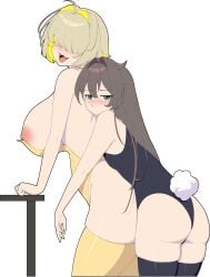 2girls absurdres ass black_hair black_leotard black_thighhighs blonde_hair blush breasts elegg_(nikke) fake_tail goddess_of_victory:_nikke green_eyes hair_over_eyes highres huge_breasts leotard long_hair lying_on_person multiple_girls nipples peach-cup playboy_bunny rabbit_tail short_hair small_breasts tail thighhighs thighs transparent_background trony_(nikke) yellow_leotard yellow_thighhighs yuri