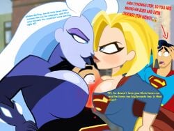 2boys 2girls background best_girl big_breasts black_hair blonde_hair breast_on_head brothers cartoon_network chris_kent clark_kent cythonna cythonna_(shg) dc dc_comics dc_super_hero_boys dc_super_hero_girls dialogue djpaint96-ii excited_female face_in_breasts female girlfriend jon-al kal-el kara_danvers kara_zor-el limit_break male milf_love_young_man nosebleed panic_(emotion) pleasure_face red_face shocked_face silver_hair squeezing_breasts supergirl superman superprime_(dc) unlimited worried_face