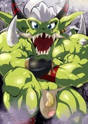 absurd_res bandai_namco biceps blue_eyes bulge detailed_bulge digimon digimon_(species) ear_piercing genital_outline genitals green_body green_skin hair hi_res horn humanoid logan_sato male muscular muscular_humanoid muscular_male muscular_thighs nipples ogre ogremon penis penis_outline piercing pointy_ears solo triceps vein veiny_muscles white_hair
