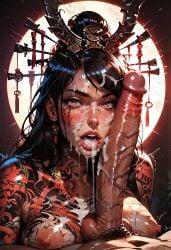 after_fellatio after_oral ai_generated amaterasu_(smite) black_hair cum_dripping_from_mouth cum_on_breasts cum_on_face cum_on_hair facial headgear japanese japanese_clothes japanese_mythology large_breasts manofmidas nipples open_mouth penis penis_on_face pov pov_eye_contact smite tattoos tears yellow_eyes