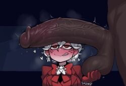 1boy 1girls balls beelzebub_(helltaker) big_penis clothing dark-skinned_male demon_girl heavy_breathing helltaker holding_balls horns huge huge_cock interracial licking_lips red_eyes sweat veiny_penis white_hair