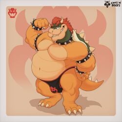 1:1 anthro biceps bowser bowser_logo briefs bulge catsnbriefs cedamuc1 clothing eyebrows flexing grin hair hi_res horn koopa male mario_bros nintendo oiruse red_hair scalie shell smile smug solo spiked_shell spikes spikes_(anatomy) thick_eyebrows underwear