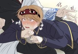 2boys ? baystar0613 blush brown_hair eye_mask fully_clothed gay gintama gintoki_sakata light_brown_hair lying_on_stomach okita_sougo open_mouth police_officer police_uniform shinsengumi_(gintama) sleep_mask solo_focus spanking surprised sweat wide_eyed yaoi