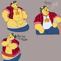 1:1 anthro balls bear bottomwear briefs cigar closed_eyes clothing denim denim_bottomwear denim_clothing dialogue disney dot_eyes english_text erection flannel fur genitals gold_chain_jewelry grey_background grin half-closed_eyes hi_res humanoid_genitalia humanoid_penis jeans kerchief male mammal masturbation narrowed_eyes overweight overweight_anthro overweight_male pants penile penile_masturbation penis pooh_bear shirt simple_background simple_eyes smile smoking smoking_tobacco speech_bubble tank_top text topwear underwear winnie_the_pooh_(franchise) yellow_body yellow_fur yifforroarts