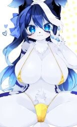 bikini blue_eyes blue_hair breasts fur furry furry_female golden_bikini grey_fur hoshimiii_mi large_breasts pubic_hair