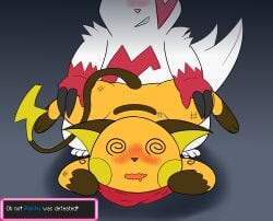 3_toes ambiguous_penetration ass_up blissful_mouth blush claws clothing defeated digital_media_(artwork) duo feet female female_penetrated feral feral_on_feral feral_penetrated feral_penetrating feral_penetrating_feral from_behind_position front_view game_over gameplay_mechanics generation_1_pokemon generation_3_pokemon hi_res hidden_eyes kerchief kerchief_only krita_(artwork) lying male male/female male_penetrating male_penetrating_female mammal mostly_nude neckerchief neckerchief_only neckwear nintendo obscured_penetration on_front penetration pokemon pokemon_(species) pokemon_mystery_dungeon questionable_consent raichu raised_tail sakrem scuff_marks sex simple_background spike_chunsoft spiral_eyes spread_legs spreading tail text toes zangoose
