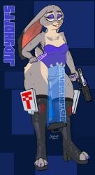 anthro bottomwear breasts claws clothed clothing colored_nails cybernetics disney eyeshadow female footwear genitals gun half-closed_eyes handgun hi_res high_heels holding_gun holding_object holding_ranged_weapon holding_weapon judy_hopps latex latex_clothing latex_legwear legwear lipstick loincloth machine makeup marathon nails narrowed_eyes no_underwear pantsless purple_eyes pussy ranged_weapon red_lipstick shoes smile solo stardustspears toe_claws translucent translucent_clothing weapon zootopia