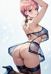 ai_generated ass ass_focus back_view backless_outfit blue_eyes erect_nipples go-toubun_no_hanayome high_heels illustrious_(stable_diffusion) large_breasts lingerie looking_at_viewer nakano_ichika payop pink_hair posing pubic_hair pussy see-through short_hair solo stockings uncensored underbust